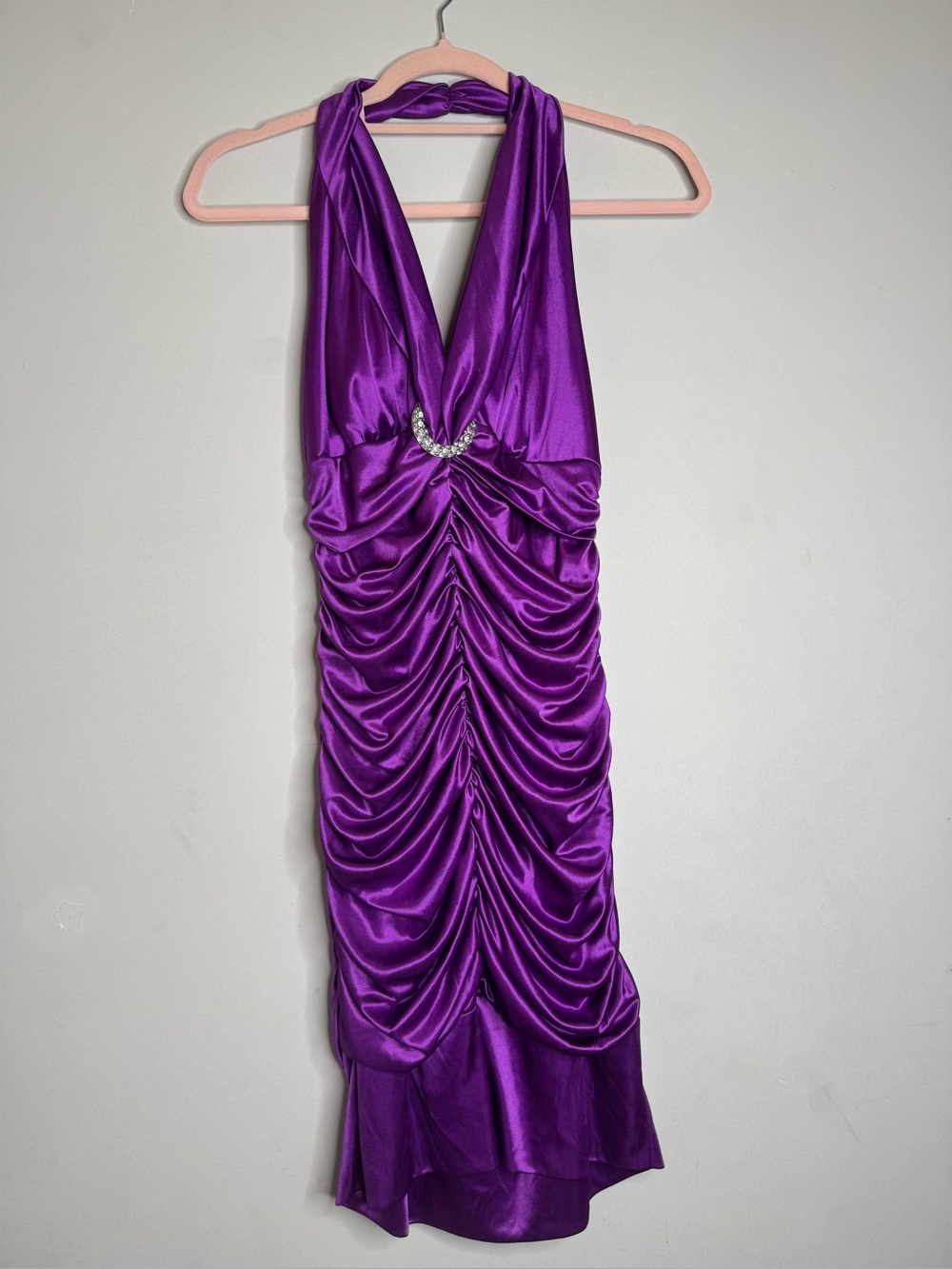 My Michelle Vibrant Purple Ruched Halter Midi Dress with Jewel Accent